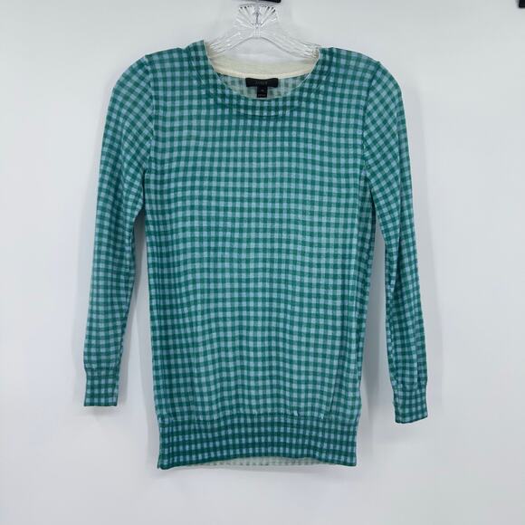J Crew Merino Wool Gingham Sweater Green Blue Check Crewneck Flaw Womens Sz XS - Picture 3 of 12